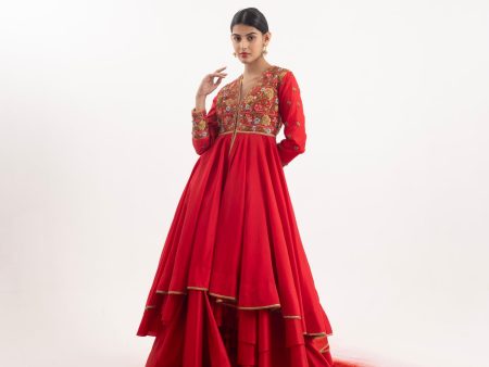 Radiant One-Piece Ensemble: A Red Embroidered Anarkali Supply