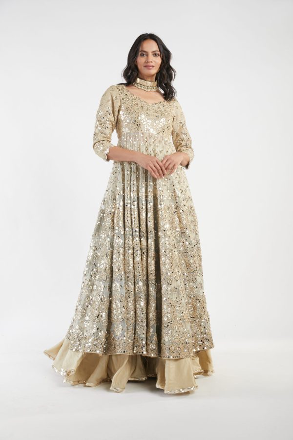 Beige And Golden Embelished Lehenga Set For Sale