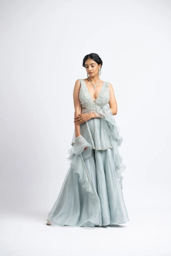 Grey Blue Organza Peplum Sharara Set. Supply