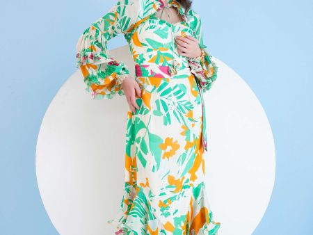 PRINTED HIGH LOW DRESS WITH FRILLED PUFF SLEEVES AND CONSTRUCTED YOKE For Discount