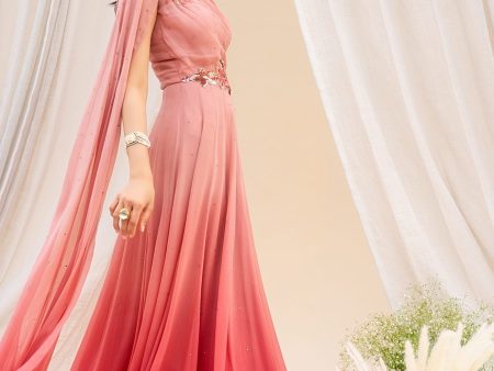 GEORGETTE 1-SHOULDER FLORAL EMBROIDERED & CRYSTAL EMBELLISHED OMBRE GOWN WITH SHOULDER DRAPE Sale