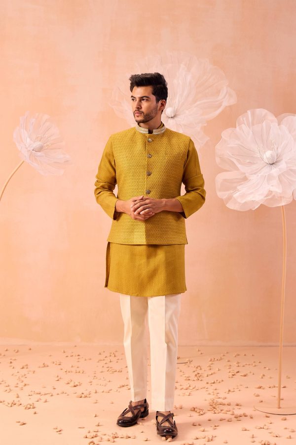 Mustard Quartz Nehru Jacket Set Sale