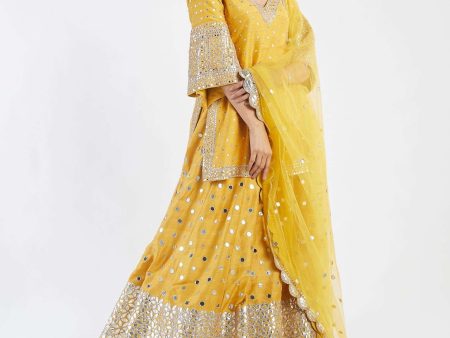 Yellow Kurta Blue Dupatta And Rani Pink Embellished Sharara Set Sale