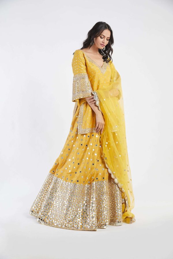 Yellow Kurta Blue Dupatta And Rani Pink Embellished Sharara Set Sale