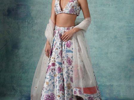 A Printed Cotton Silk Lehenga Set With Organza Dupatta Online