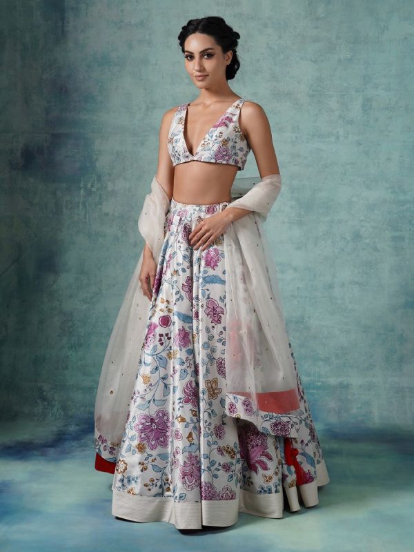 A Printed Cotton Silk Lehenga Set With Organza Dupatta Online