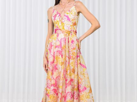 Dahlia Bouquet Printed Chiffon Dress in Scuba and Lazer Details Sale