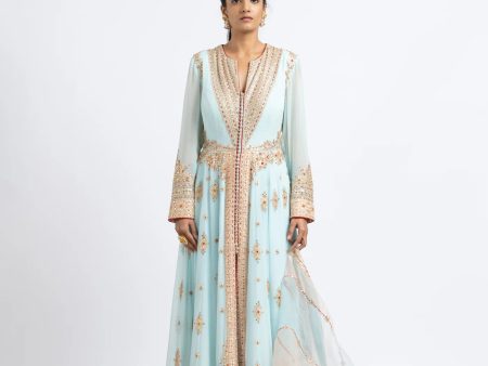 AQUA KALIDAR WITH WORKED ORGANZA DUPATTA AND CHURIDAR Cheap