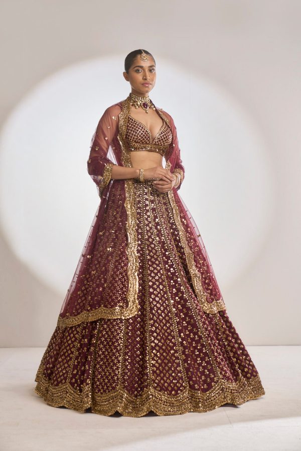 Wine Gold Lehenga Set For Sale