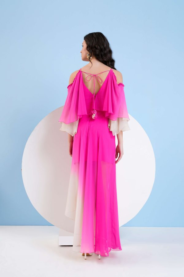 PINK OMBRE HIGH LOW DRESS WITH SHOULDER CUTOUT AND FLARED SLEEVE Online