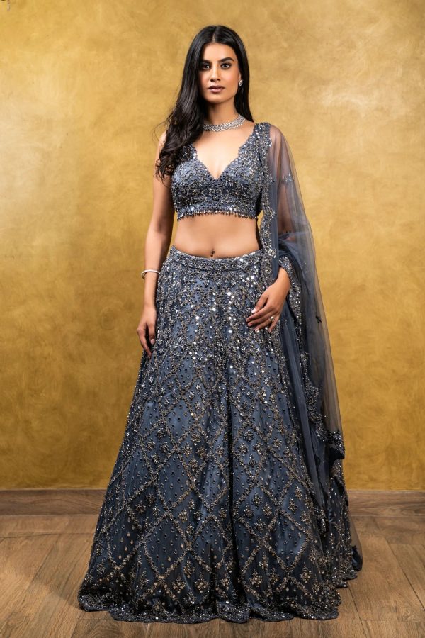 CHARCOAL GREY TULLE LEHENGA Discount