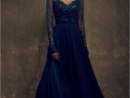 Dark teal blue full sleeves embellished gown + net dupatta Cheap