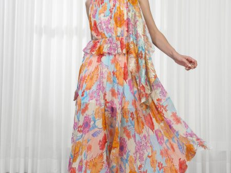 Hibiscus Printed Dress with High Neck Tie-Up Sale