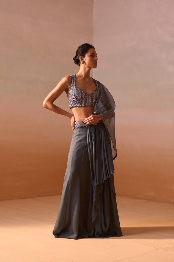 GREY SHIMMER DRAPED SAREE Fashion