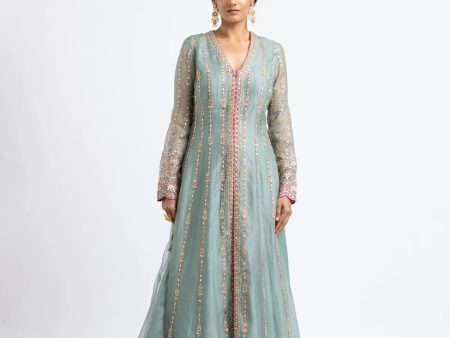 SLATE GREEN ORGANZA JACKET AND DUPATTA WITH SHARARA Online Hot Sale