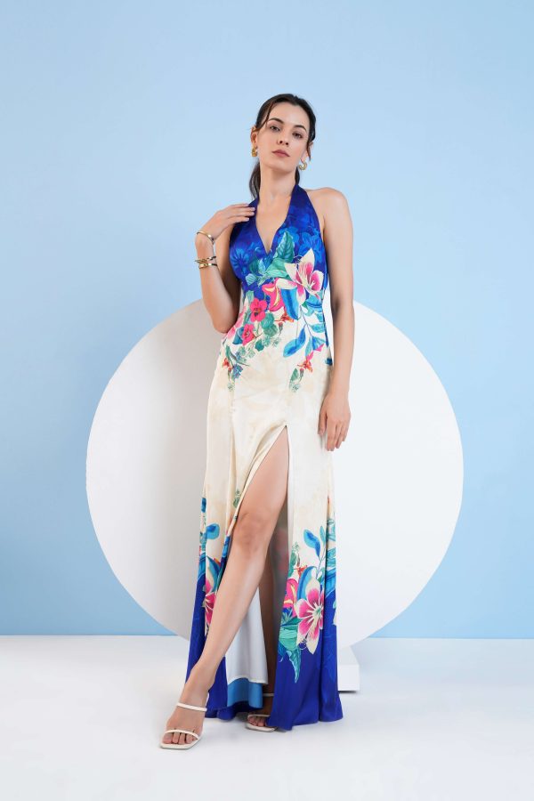 FLORAL EXPRESSION PRINTED HALTER NECK DRESS WITH SLIT Sale