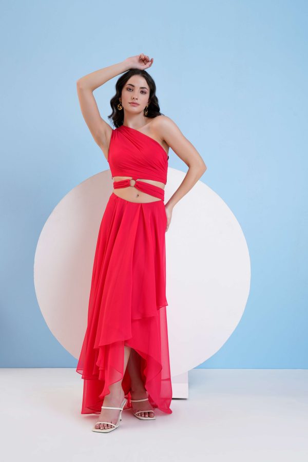 RED ONE SHOULDER HIGH LOW DRESS WITH WAIST CUTOUT Online Hot Sale