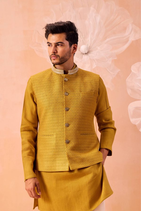 Mustard Quartz Nehru Jacket Set Sale