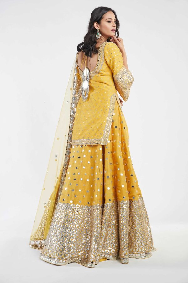 Yellow Kurta Blue Dupatta And Rani Pink Embellished Sharara Set Sale