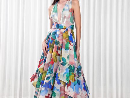 Hibiscus Printed Layered Gown Dress For Cheap