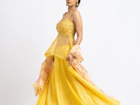 BRIGHT YELLOW NET PEPLUM WITH GEORGETTE MOKAISH LEHENGA AND PRINTED DUPATTA Discount