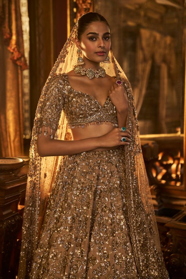 Antique Gold Tissue Lehenga Set For Cheap