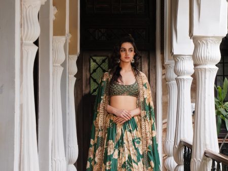 Bottle Green Floral Lehenga Set Hot on Sale