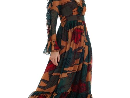 Beige & Dark Green Floral Frill Long Dress For Cheap