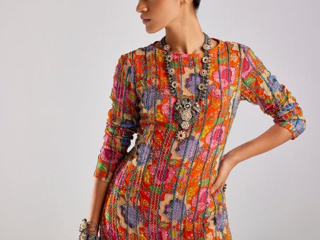 RUST FLORAL JAAL KURTI WITH GHARARA AND PRINT & EMBROIDERED DUPATTA For Sale