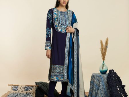 BLUE EMBELLISHED YOKE KURTA WITH PANTS For Sale