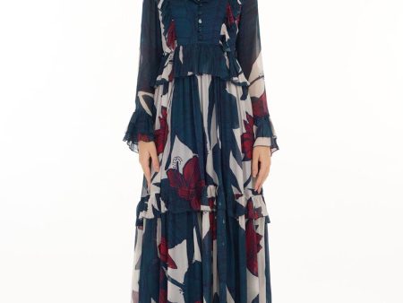 Blue, Off White & Red Floral Frill Long Dress Online Sale