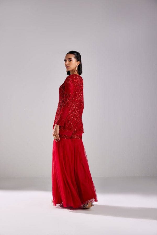 CRIMSON RED DIAMOND PEPLUM WITH GHARARA PANTS Hot on Sale