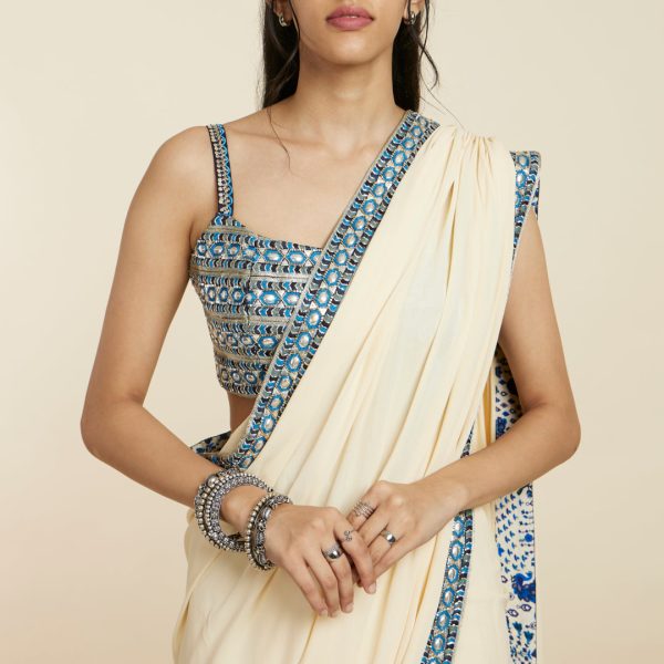 BEIGE CASCADE SAREE PAIRED WITH EMBELLISHED BUSTIER Online