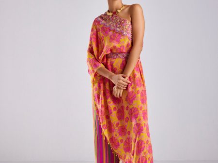 PINK FLORAL WAVE PRINT & EMBROIDERED ONE SHOULDER KAFTAN WITH BUSTIER AND PINK BELT Online now