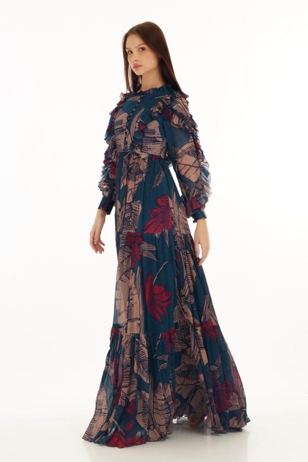 Blue, Orange & Red Floral Frill Long Dress Cheap