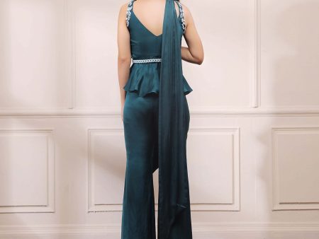 Jade green Co-Ord set with  draped stole For Discount