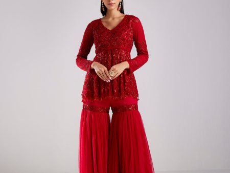 CRIMSON RED DIAMOND PEPLUM WITH GHARARA PANTS Hot on Sale