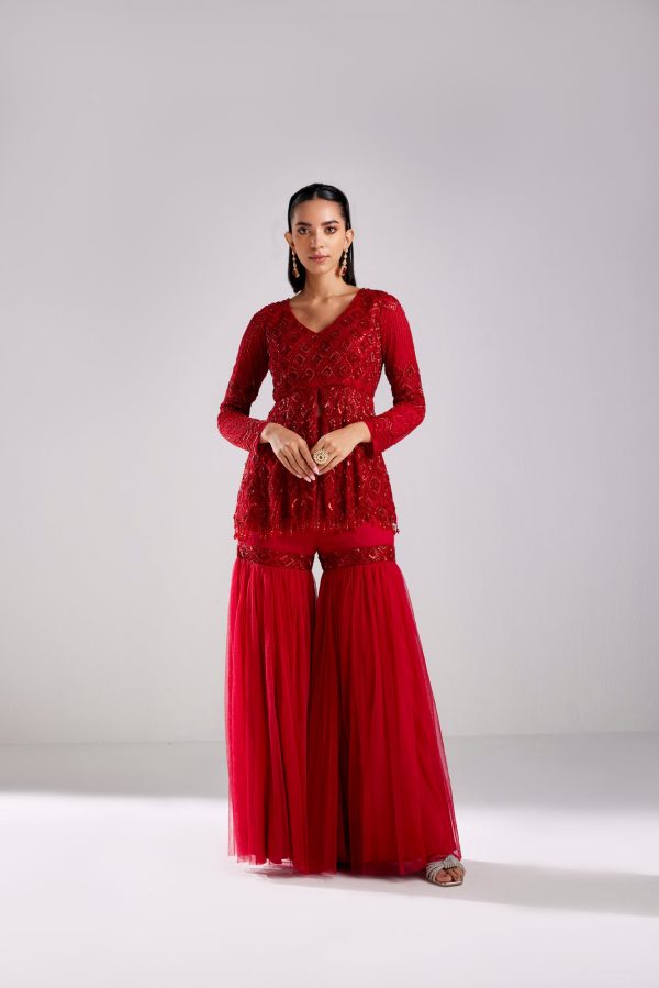 CRIMSON RED DIAMOND PEPLUM WITH GHARARA PANTS Hot on Sale