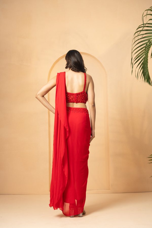 Red Embroidered Pre-Stitched Drape Corset Saree For Sale