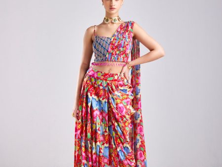 BLUE LEAF CROP TOP WITH RED FLORAL JAAL PRINTED DHOTI SKIRT Fashion