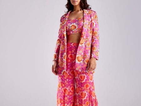 FUSCHIA PINK BLAZER WITH BUSTIER AND FUSCHIA FLORLA JAAL PRINTED BELL BOTTOM PANTS Fashion