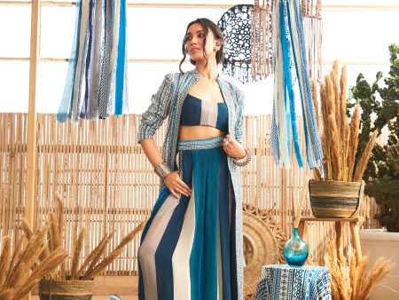 BLUE BOHO JACKET PAIRED WITH BUSTIER AND PLEATED PANTS on Sale