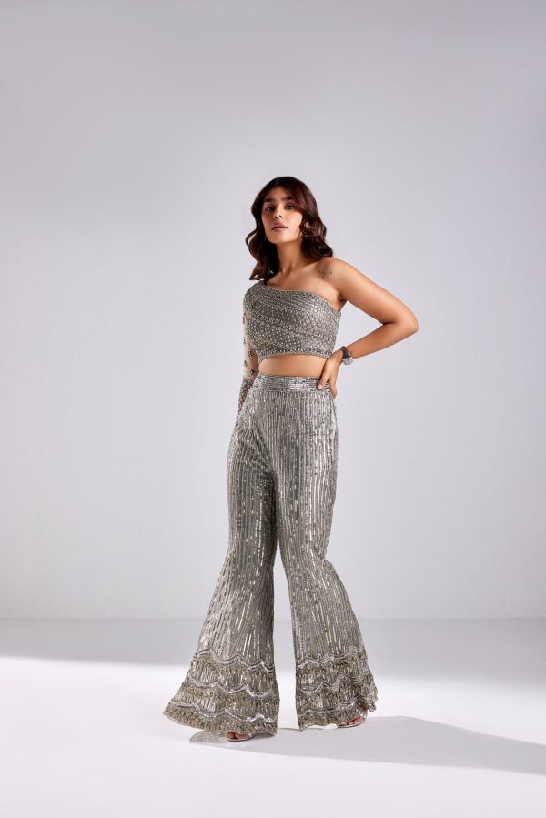 GREY SMALL SCALLOP MIX  OFF SHOULDER CROP TOP WITH PANTS on Sale