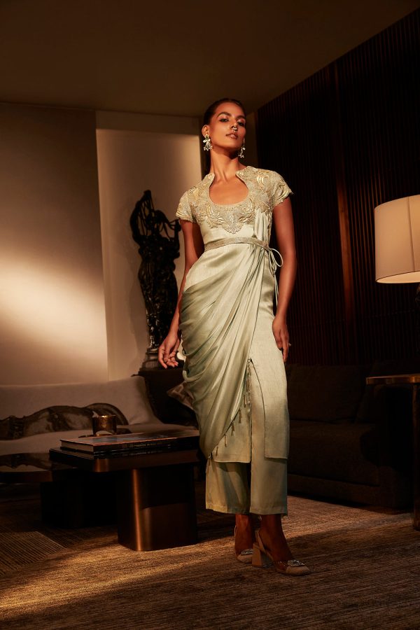 Frosted Mint Silk Drape Top With Alluring Keyhole Neckline And Silk Pants Online now