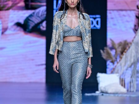 METAL JACKET PAIRED WITH EMBELLISHED BUSTIER AND  PANTS on Sale