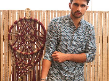 BLUE GEO PRINT KURTA WITH BLUE SOLID PANTS Online now