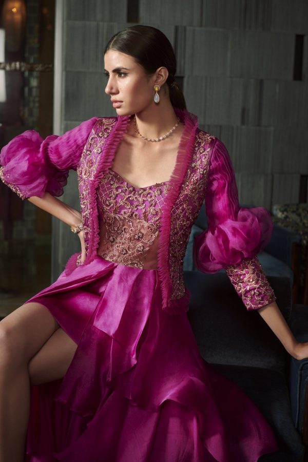 Fuschia Layered Gown With An Embroidered Jacket For Discount