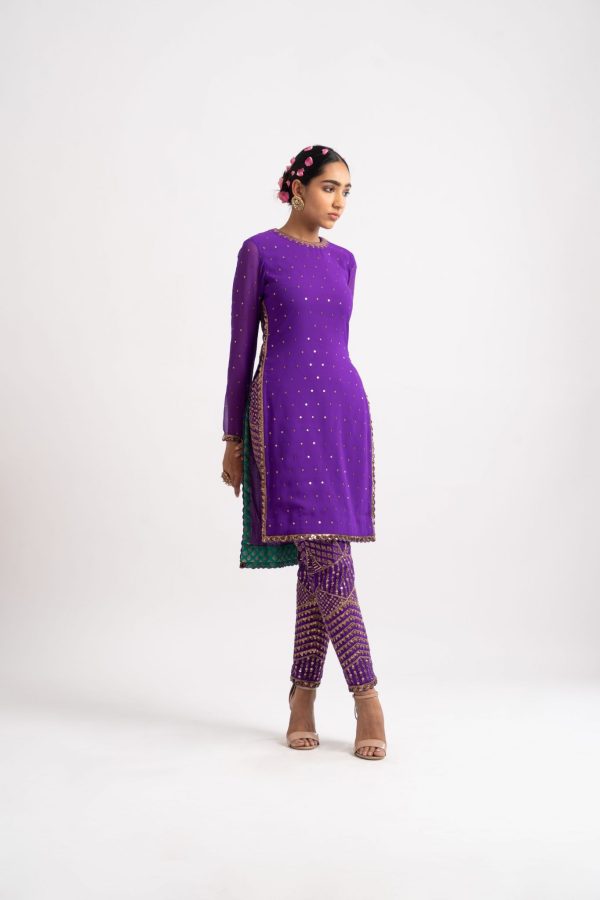 Purple Round Neck Multi Geo Pant Kurta Set For Sale