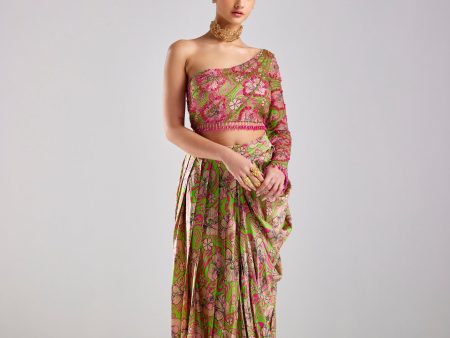 NEON GREEN ABSTRACT CROP TOP WITH PRINTED DHOTI SKIRT For Sale