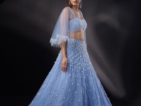 Camilla : Blue 3D Pearlwork Lehenga Set With Cape. Supply